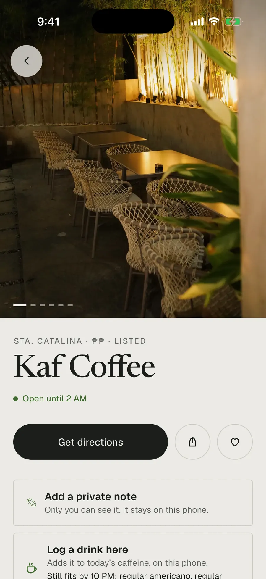 The top of Kaf Coffee's page: a night photo of its outdoor seating, “Sta. Catalina, ₱₱, Listed”, “Open until 2 AM”, a Get directions button with share and save beside it, then cards to add a private note or log a drink here.