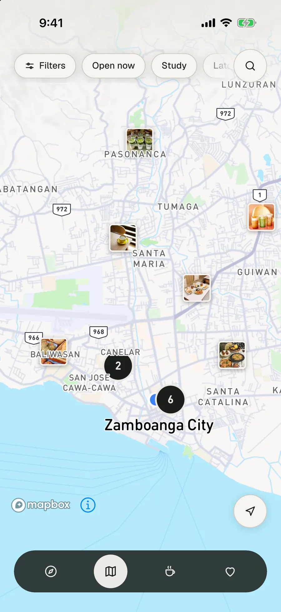 The map of Zamboanga City with cafés as small square photo pins, numbered circles where cafés sit close together, the blue dot for your location, and Filters, Open now and Study chips along the top.