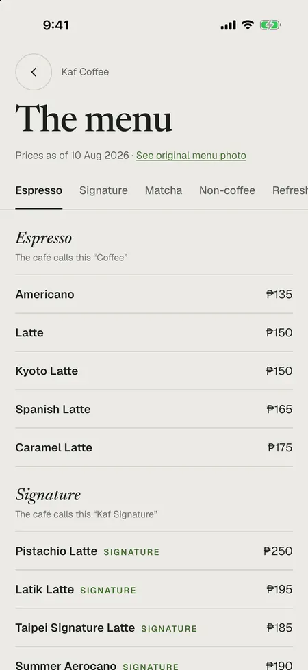 Kaf Coffee’s menu, “Prices as of 10 Aug 2026”, with a link to the original menu photo and signature drinks marked.