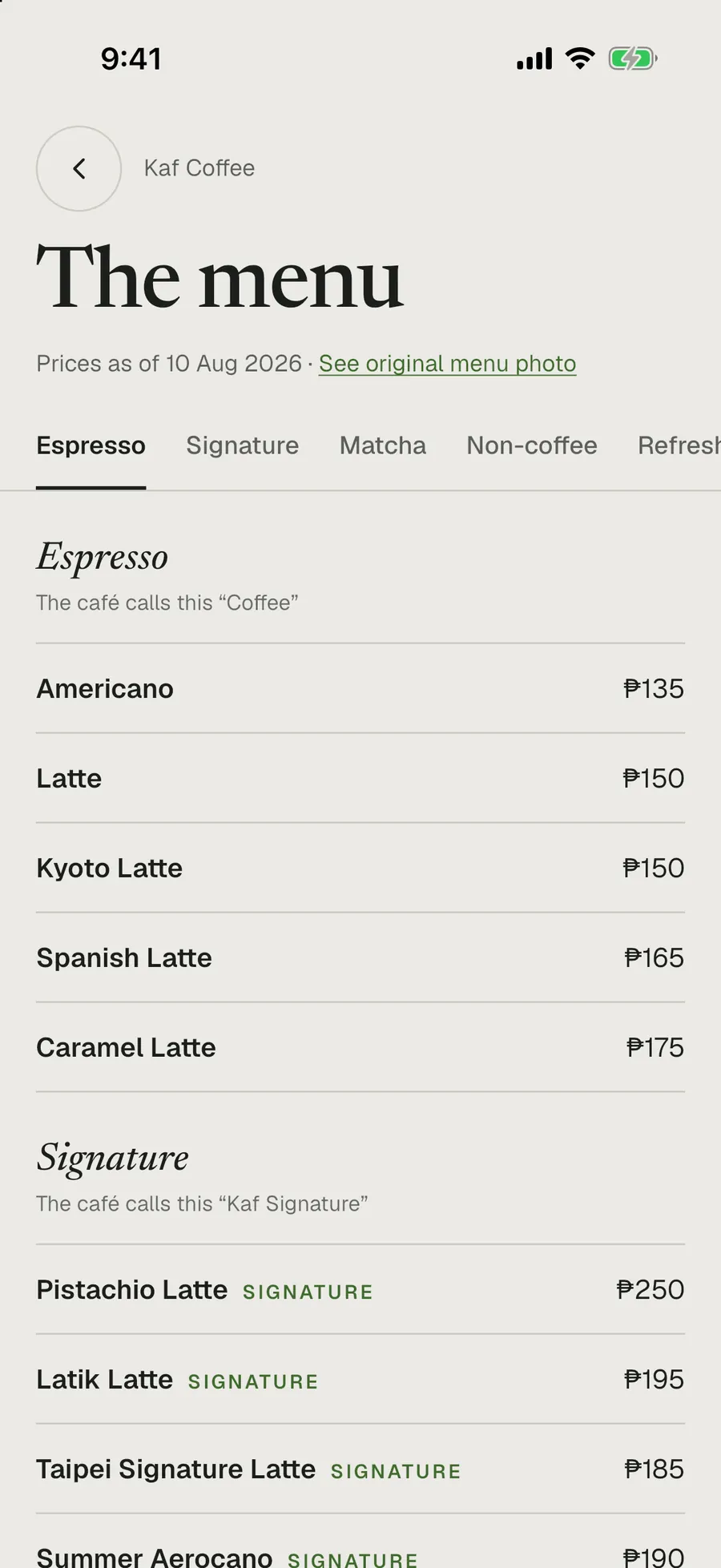Kaf Coffee's menu: “Prices as of 10 Aug 2026” with a link to the original menu photo, tabs for Espresso, Signature, Matcha and Non-coffee, and drinks with prices in pesos, signature drinks marked.