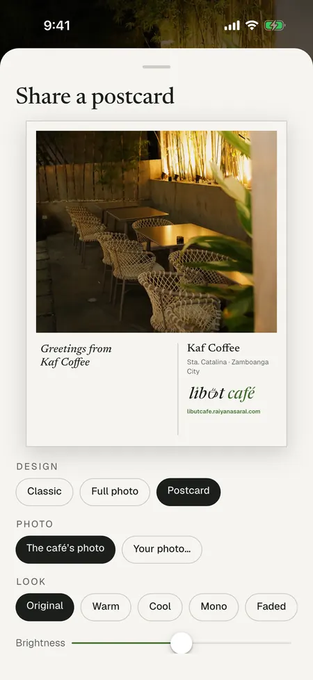 Sharing Kaf Coffee as a postcard: “Greetings from Kaf Coffee” with design, photo and look choices.